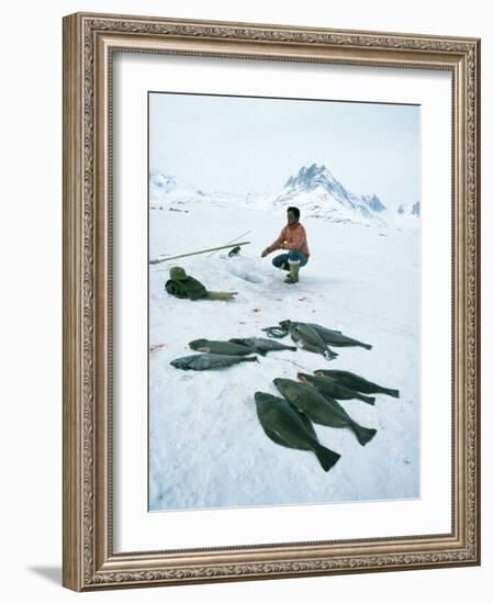 Inuit Man Fishing for Halibut, Greenland, Polar Regions-Jack Jackson-Framed Photographic Print