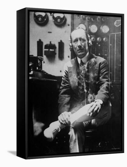 Inventor Guglielmo Marconi Wearing Headphones in Development of Short Wave Wireless Communication-null-Framed Premier Image Canvas