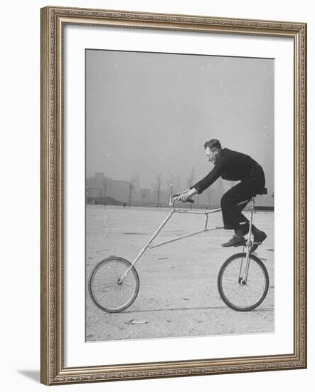 Inventor Maurice Steinlauf Riding Eccentric Bike with Roving Front Wheel-Wallace Kirkland-Framed Photographic Print