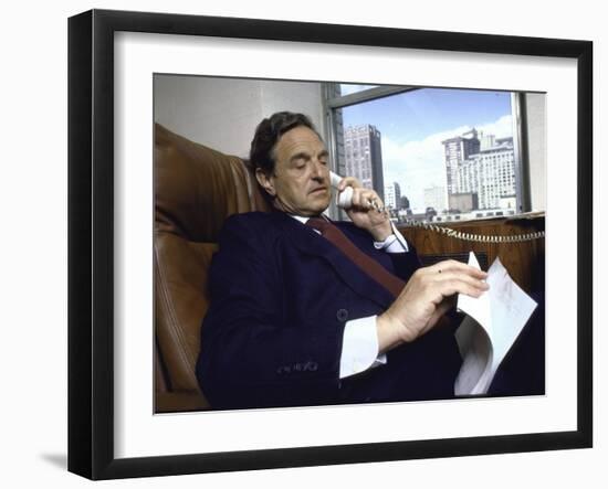 Investment Banker George Soros Working on Phone in Office-null-Framed Photographic Print
