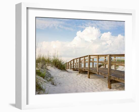 Inviting Boardwalk through the Sand Dunes on a Beautiful Beach in the Early Morning. Beautiful Puff-forestpath-Framed Photographic Print