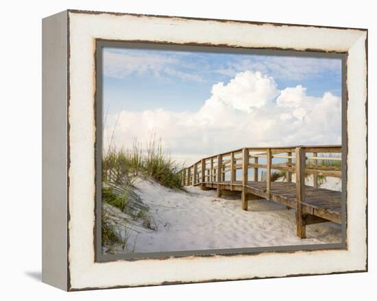 Inviting Boardwalk through the Sand Dunes on a Beautiful Beach in the Early Morning. Beautiful Puff-forestpath-Framed Premier Image Canvas