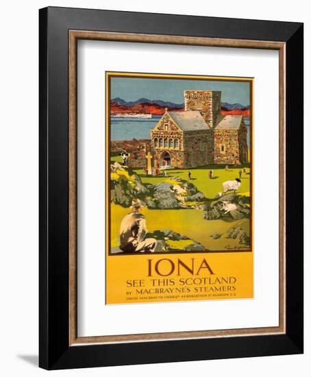 Iona - See this Scotland by MacBraynes Steamers - Celtic Cross at Iona Abbey-Tom Gilfillan-Framed Art Print