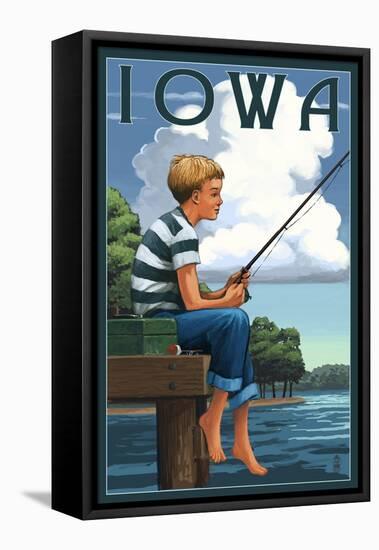 Iowa - Boy Fishing-Lantern Press-Framed Stretched Canvas