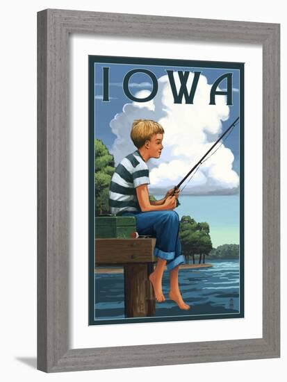 Iowa - Boy Fishing-Lantern Press-Framed Art Print