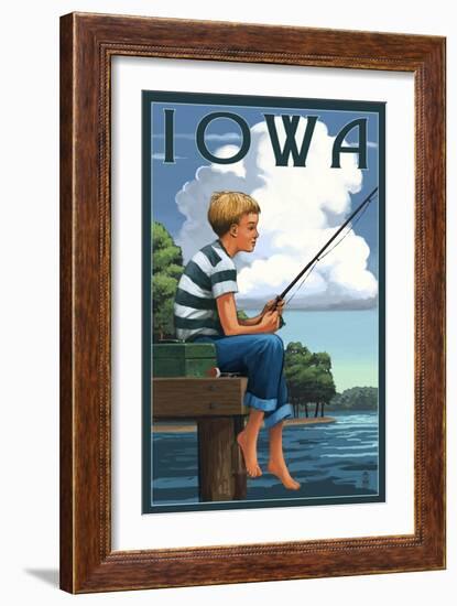 Iowa - Boy Fishing-Lantern Press-Framed Art Print