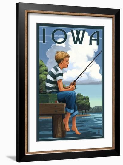 Iowa - Boy Fishing-Lantern Press-Framed Art Print