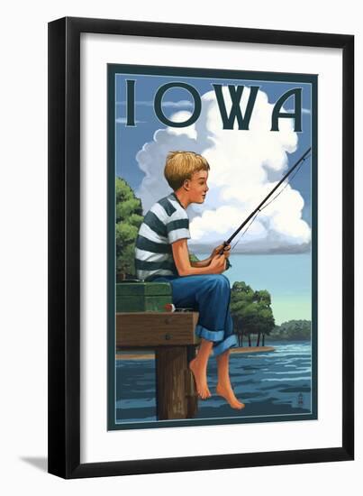 Iowa - Boy Fishing-Lantern Press-Framed Art Print