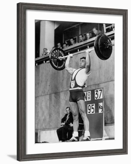 Iranian Weight Lifter M. Namdjou Struggling to Hold Up 206.5 Pound Weight at 1952 Olympics-null-Framed Premium Photographic Print