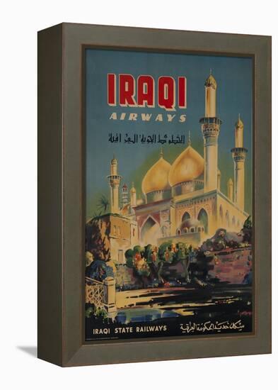 Iraqi Airways Travel Poster, Middle Eastern Mosque-null-Framed Premier Image Canvas