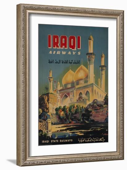 Iraqi Airways Travel Poster, Middle Eastern Mosque-null-Framed Giclee Print