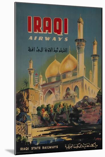 Iraqi Airways Travel Poster, Middle Eastern Mosque-null-Mounted Giclee Print