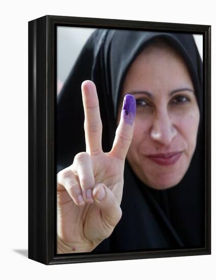 Iraqi Woman Holds Up Her Purple Finger, Indicating She Has Just Voted in Southern Iraq-null-Framed Premier Image Canvas