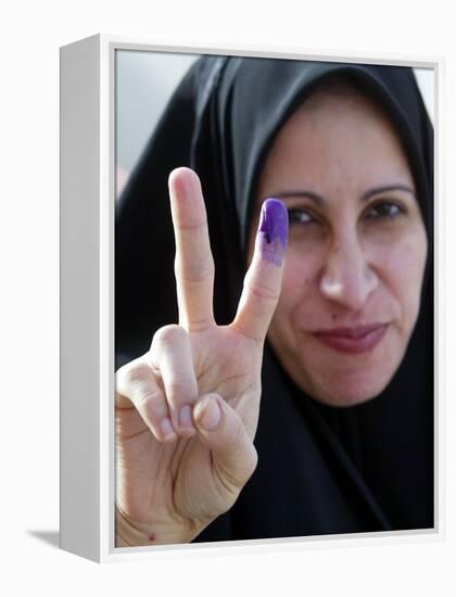 Iraqi Woman Holds Up Her Purple Finger, Indicating She Has Just Voted in Southern Iraq-null-Framed Premier Image Canvas