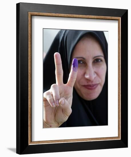 Iraqi Woman Holds Up Her Purple Finger, Indicating She Has Just Voted in Southern Iraq-null-Framed Photographic Print