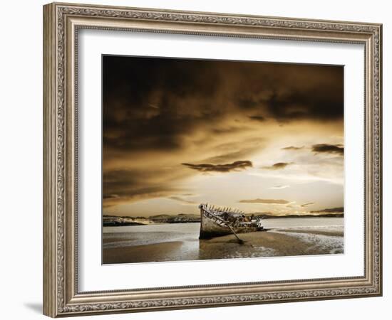Ireland, Co.Donegal, Bunbeg, wrecked boat on coastline-Shaun Egan-Framed Photographic Print