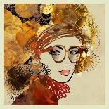 Art Watercolor and Graphic Monochrome Beautiful Girl Face on Autumn Background in Gold, Brown and B-Irina_QQQ-Mounted Art Print