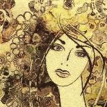 Art Watercolor and Graphic Monochrome Beautiful Girl Face on Autumn Background in Gold, Brown and B-Irina_QQQ-Mounted Art Print