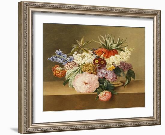 Iris, Lilac, Primulae, Blossom and Peonies in a Basket-Johan Laurentz Jensen-Framed Giclee Print