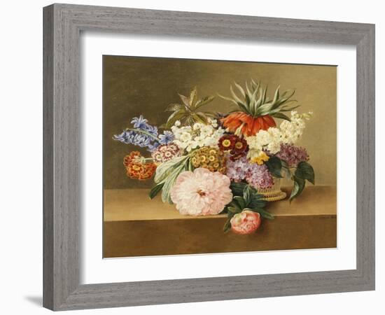 Iris, Lilac, Primulae, Blossom and Peonies in a Basket-Johan Laurentz Jensen-Framed Giclee Print