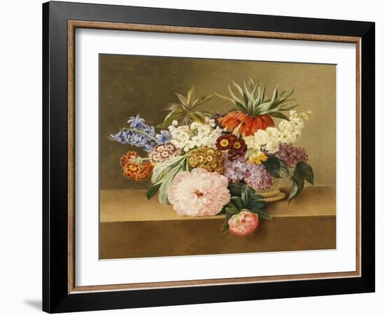 Iris, Lilac, Primulae, Blossom and Peonies in a Basket-Johan Laurentz Jensen-Framed Giclee Print