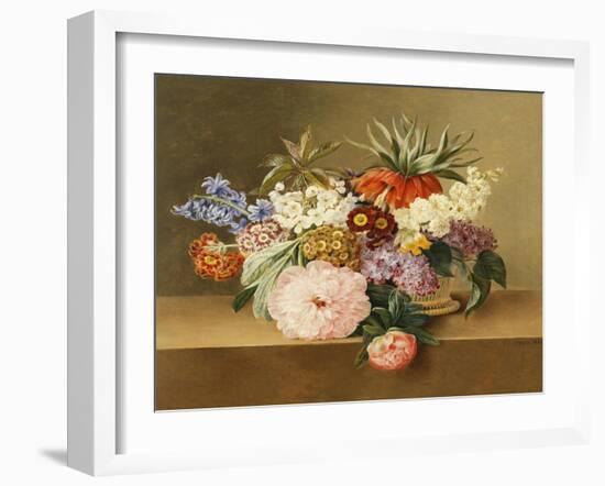 Iris, Lilac, Primulae, Blossom and Peonies in a Basket-Johan Laurentz Jensen-Framed Giclee Print