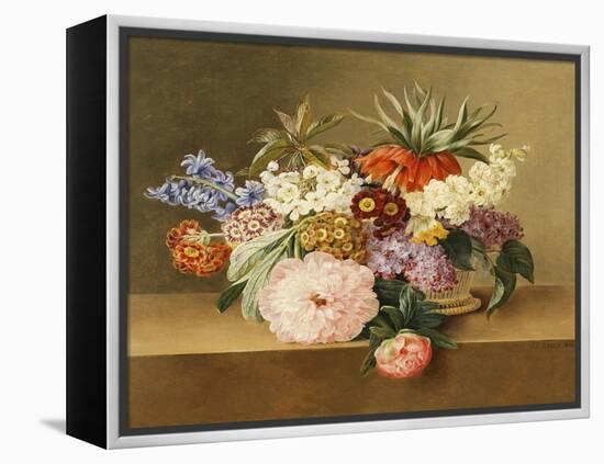 Iris, Lilac, Primulae, Blossom and Peonies in a Basket-Johan Laurentz Jensen-Framed Premier Image Canvas