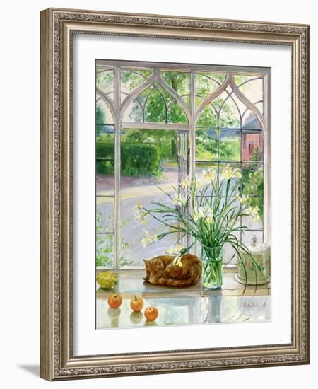 Irises and Sleeping Cat, 1990-Timothy Easton-Framed Giclee Print