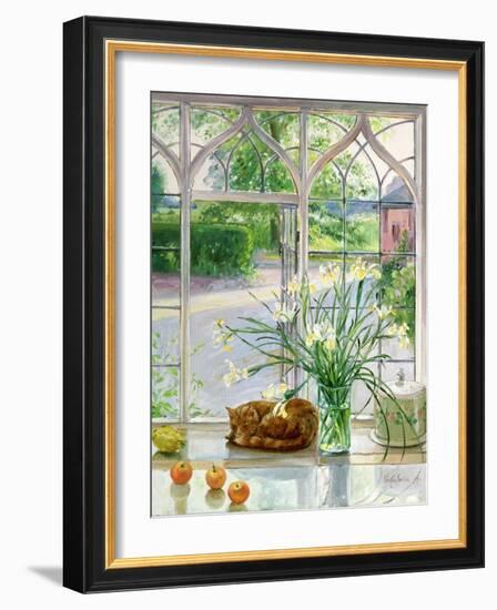 Irises and Sleeping Cat, 1990-Timothy Easton-Framed Giclee Print