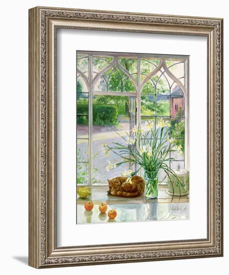 Irises and Sleeping Cat, 1990-Timothy Easton-Framed Giclee Print