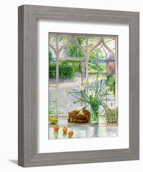 Irises and Sleeping Cat, 1990-Timothy Easton-Framed Giclee Print