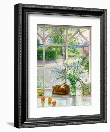 Irises and Sleeping Cat, 1990-Timothy Easton-Framed Giclee Print