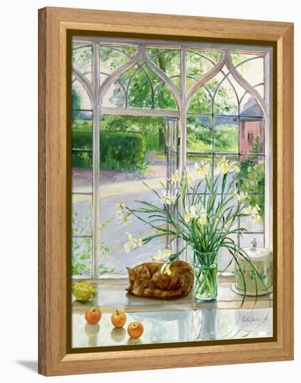 Irises and Sleeping Cat, 1990-Timothy Easton-Framed Premier Image Canvas