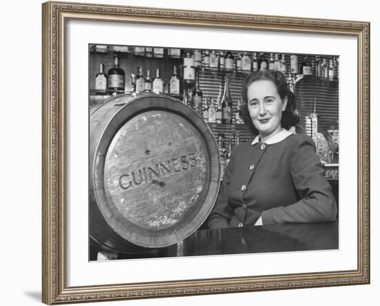 Irish Barmaid at Airport Bar with Keg of Guinness Beer-Nat Farbman-Framed Premium Photographic Print