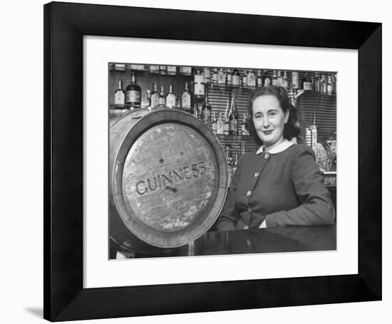 Irish Barmaid at Airport Bar with Keg of Guinness Beer-Nat Farbman-Framed Premium Photographic Print