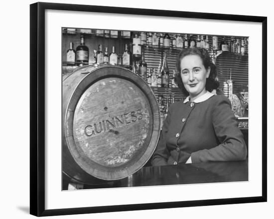 Irish Barmaid at Airport Bar with Keg of Guinness Beer-Nat Farbman-Framed Premium Photographic Print