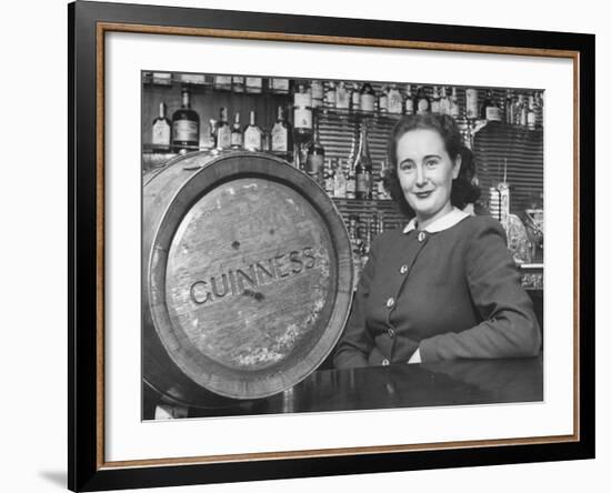 Irish Barmaid at Airport Bar with Keg of Guinness Beer-Nat Farbman-Framed Premium Photographic Print