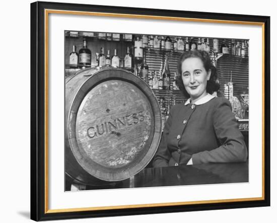 Irish Barmaid at Airport Bar with Keg of Guinness Beer-Nat Farbman-Framed Premium Photographic Print