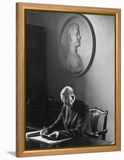 Irish President Eamon de Valera Working under a Plaque of Irish Revolutionary Michael Collins-Carl Mydans-Framed Premier Image Canvas