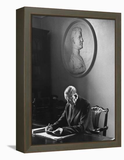 Irish President Eamon de Valera Working under a Plaque of Irish Revolutionary Michael Collins-Carl Mydans-Framed Premier Image Canvas