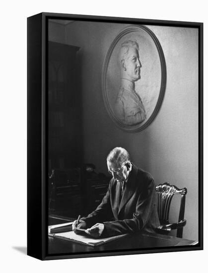 Irish President Eamon de Valera Working under a Plaque of Irish Revolutionary Michael Collins-Carl Mydans-Framed Premier Image Canvas