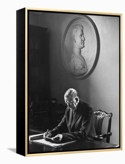 Irish President Eamon de Valera Working under a Plaque of Irish Revolutionary Michael Collins-Carl Mydans-Framed Premier Image Canvas