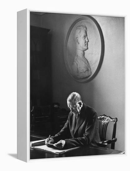 Irish President Eamon de Valera Working under a Plaque of Irish Revolutionary Michael Collins-Carl Mydans-Framed Premier Image Canvas