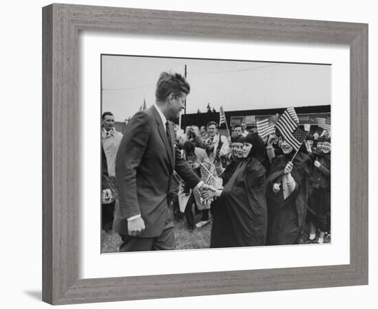 Irish Schoolchildren Waving Flag as They Greet President John F. Kennedy-John Dominis-Framed Photographic Print