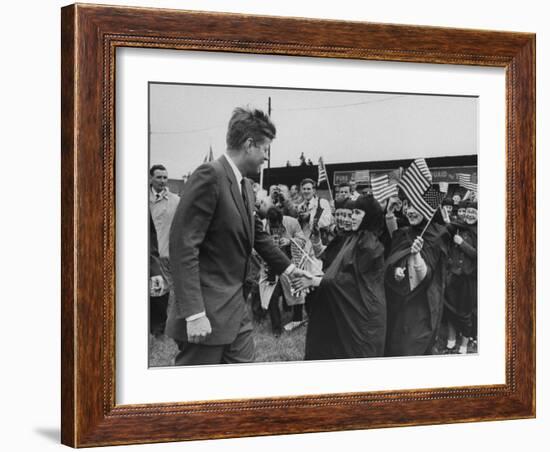 Irish Schoolchildren Waving Flag as They Greet President John F. Kennedy-John Dominis-Framed Photographic Print