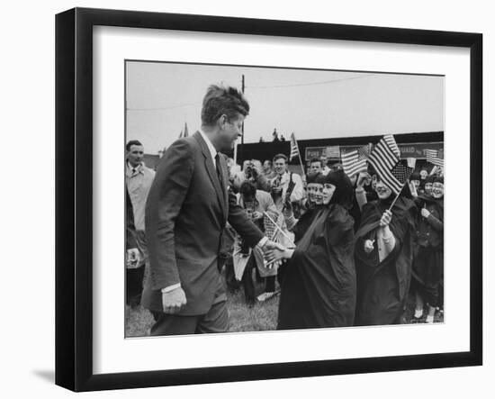 Irish Schoolchildren Waving Flag as They Greet President John F. Kennedy-John Dominis-Framed Photographic Print