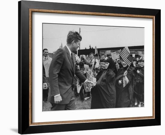 Irish Schoolchildren Waving Flag as They Greet President John F. Kennedy-John Dominis-Framed Photographic Print