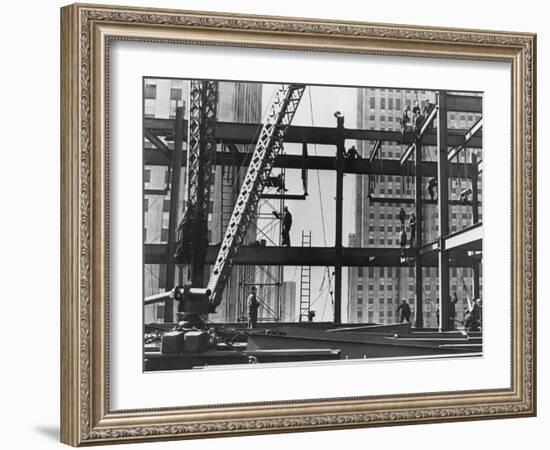 Iron Workers Raise Steel at 32nd Floor of the Esso Building in New York City, 1954-null-Framed Photo