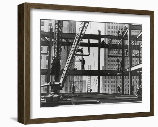 Iron Workers Raise Steel at 32nd Floor of the Esso Building in New York City, 1954-null-Framed Photo