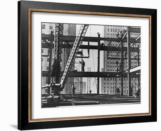 Iron Workers Raise Steel at 32nd Floor of the Esso Building in New York City, 1954-null-Framed Photo